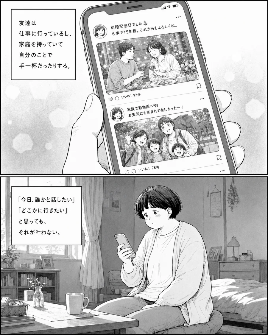 友達のSNSを眺めながら、ひとりの部屋で過ごす女性