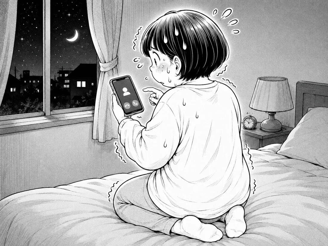 夜、ベッドの上で正座し、緊張しながら電話をかけようとする女性の後ろ姿