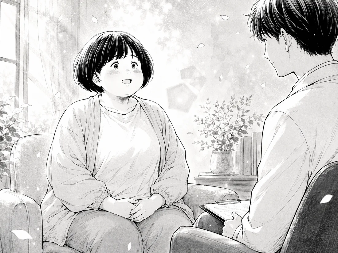 明るい部屋で、セラピストと向き合って笑顔で話す女性