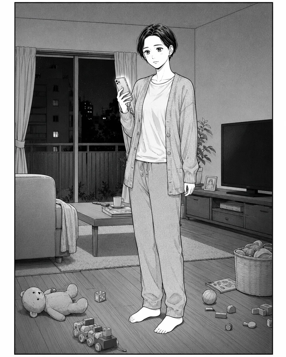 子どものおもちゃが散らかる夜のリビングに、部屋着で立つ女性