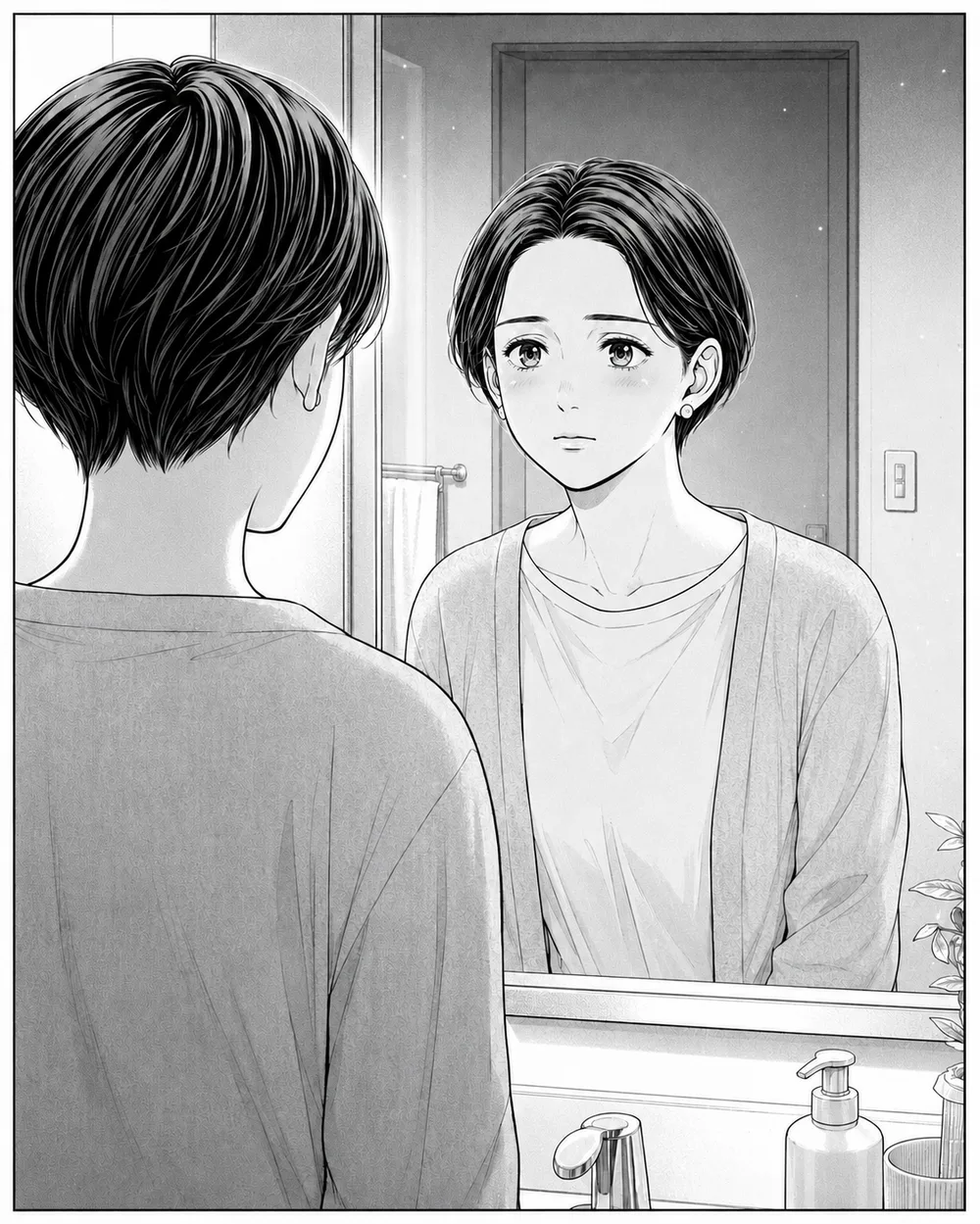 洗面所の鏡に映る自分を見つめる女性