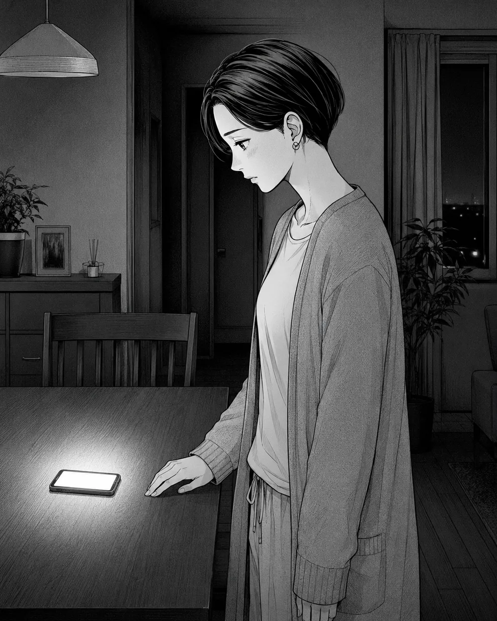夜のダイニングで、テーブルの上で光る夫のスマホを見下ろす女性