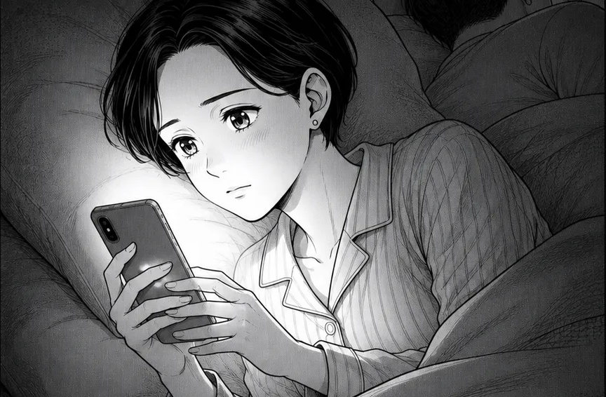 夜、布団の中でスマホの光に照らされながら検索する女性