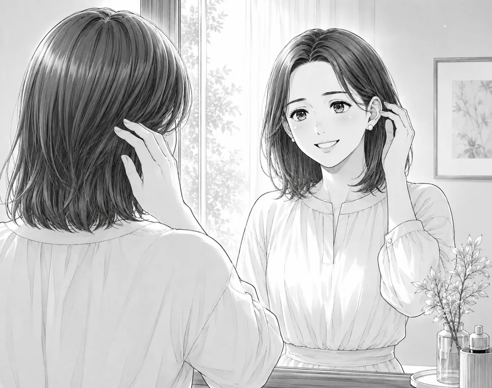 明るい光の中、鏡の前で伸びた髪に触れて微笑む女性